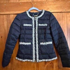 White House Black Market puffer style coat with “chanel and pearl” size extra XS